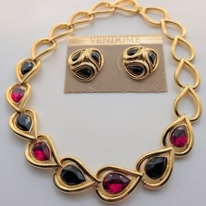 Vintage Vendome Gold Plated and Black And Red Stone Necklace And Earrings Set